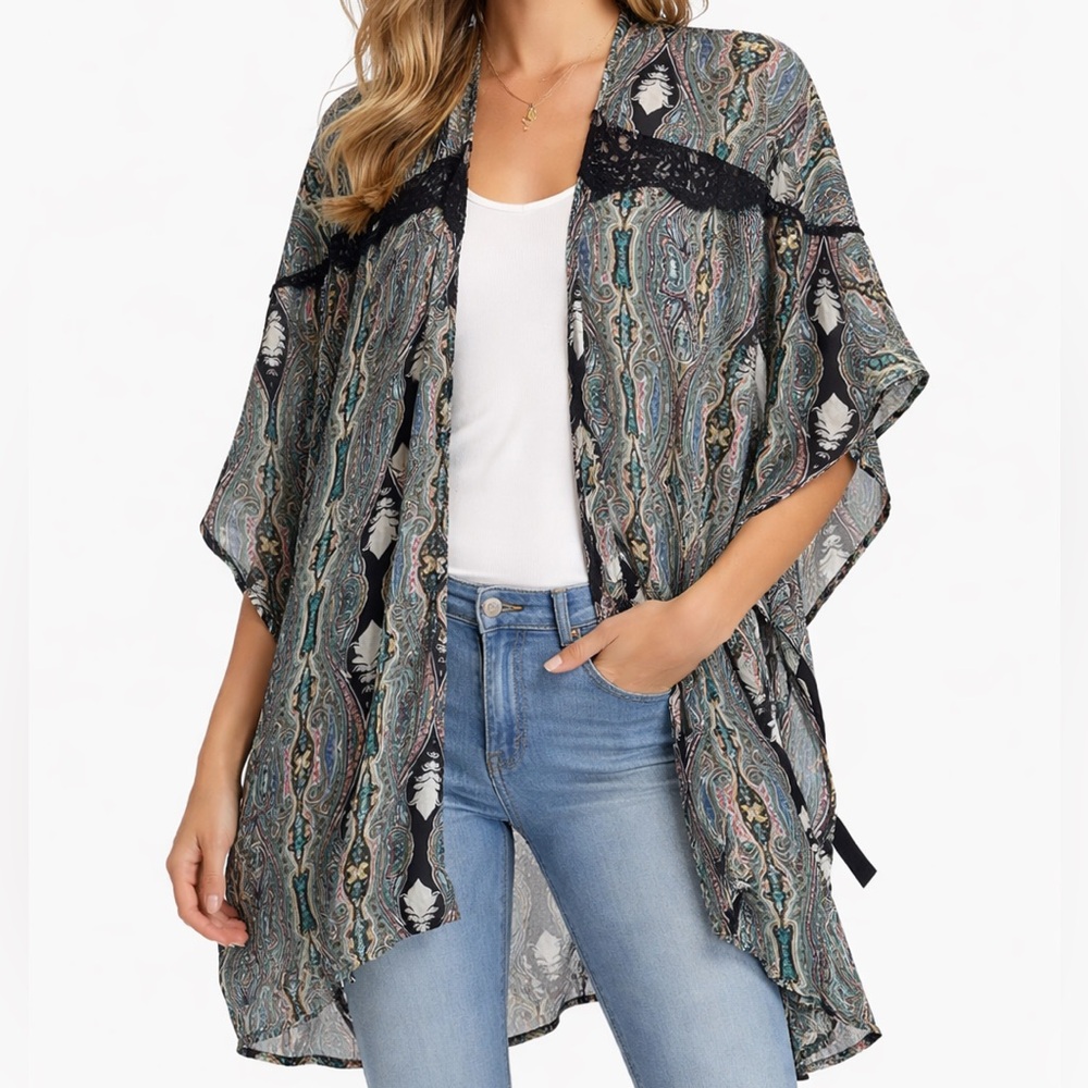 Boho Festival Lace-Trim Kimono Wrap, One Size